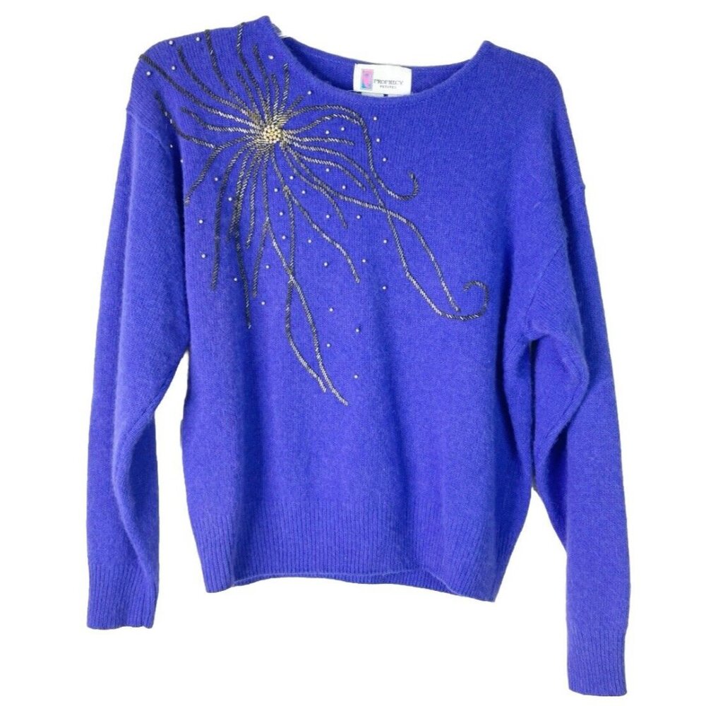VTG Prophecy Petites Medium Purple Embellished Starburst Angora/Wool Sweater EUC